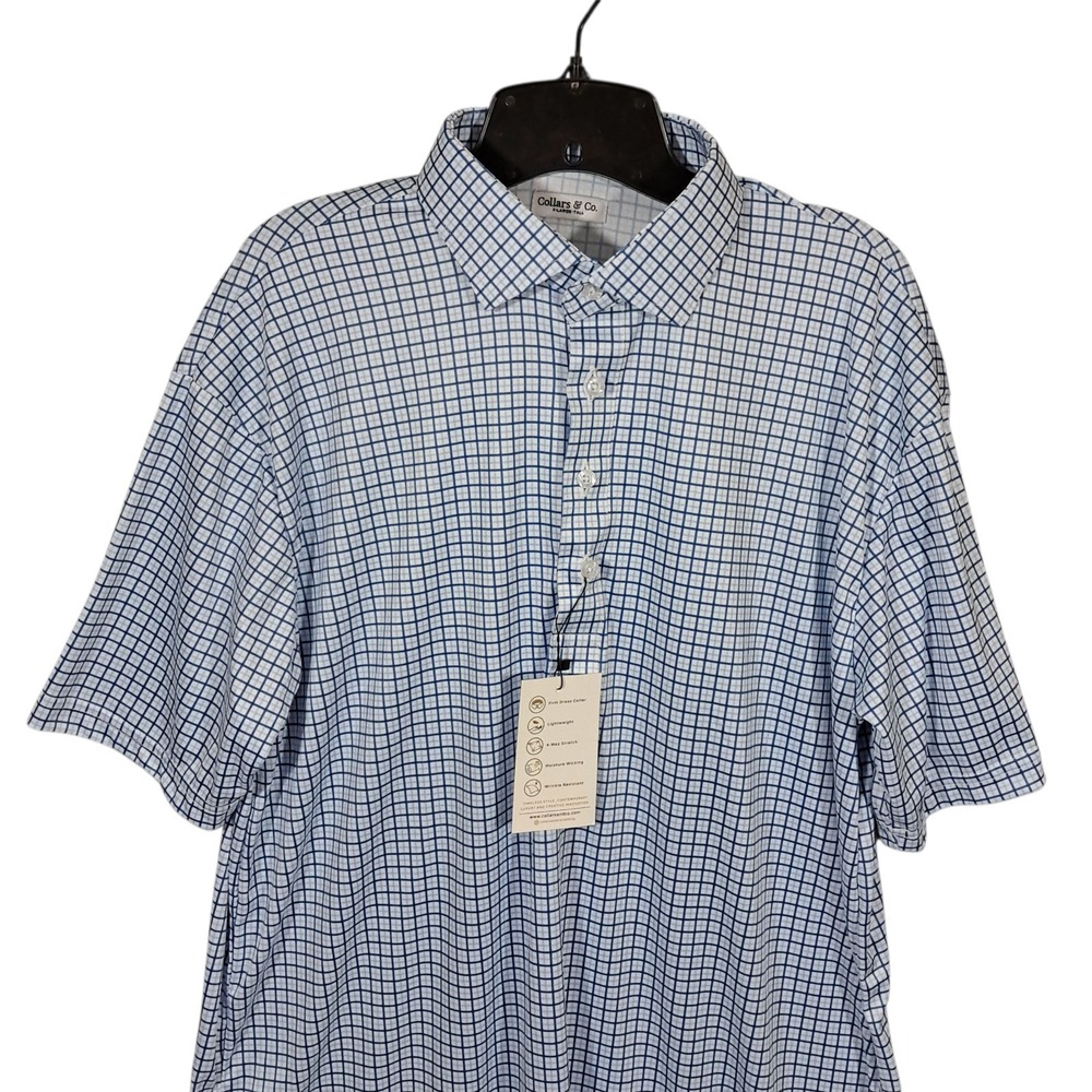 Collars & Co Men Polo Shirt Large Tall Blue Tattersall Semi Spread Collar Office - Picture 4 of 16